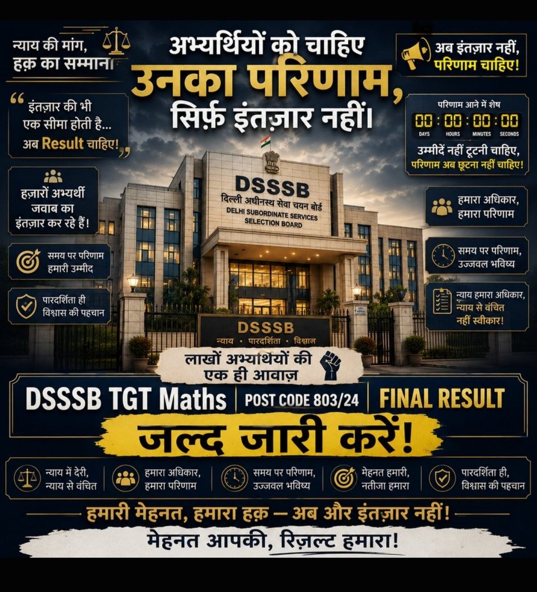 AnujKum4398540's tweet photo. #TGT_Maths_FinalResult घोषित करो
 1.Jan 2024:नोटिफिकेशन
2.Mar 2024: फॉर्म
3.Nov 2025:एग्जाम 
4.June 2026: प्री रिजल्ट और E-Dossier भी जमा! हमारे जीवन के 3 अमूल्य वर्ष इस सुस्त प्रक्रिया की भेंट चढ़ चुके हैं
@dsssbofficial @CMODelhi @gupta_rekha
#TGT_Maths_FinalResult
@LtGovDelhi https://t.co/YNmSC6waTM