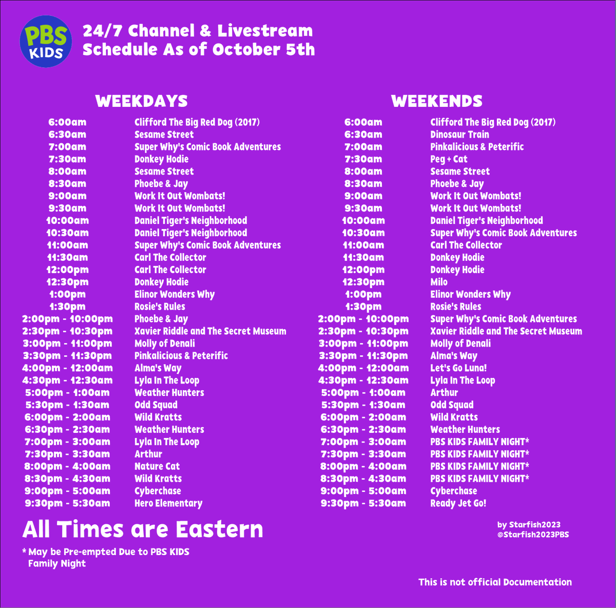 Starfish2023PBS's tweet photo. Here is the Official PBS KIDS 24/7 Channel Schedule Beginning October 5th. As you Already Know, Curious George will no longer be airing on PBS KIDS 24/7. starting October 1st https://t.co/XAdAvjiDKh