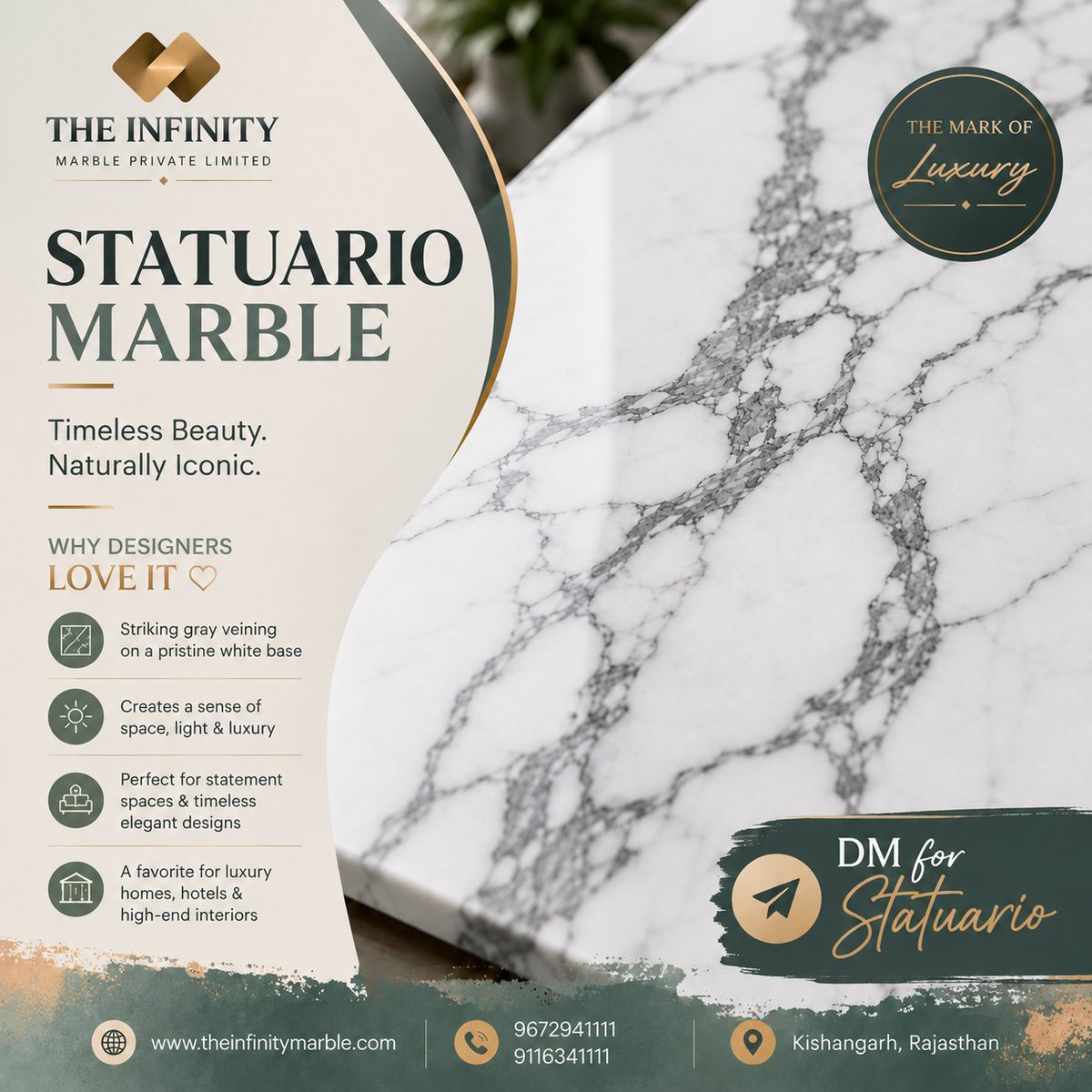 InfinityMarbles's tweet photo. Statuario Marble — Timeless Beauty, Naturally Iconic

Elevate luxury interiors with the timeless elegance of Statuario Marble. Featuring a pristine white base and striking natural grey veining, Statuario creates a sophisticated sense of space, light, and refined luxury. https://t.co/CAUr0TSZAZ
