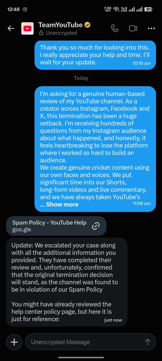 YTJP_creators1's tweet photo. Youtube is not a safe platform for creators.
YouTube deletes my channels with 1.2k+ videos and 10 years of hard work, despite me never having received a strike or warning.

When I ask for a reason, they refuse to give the reason @TeamYouTube https://t.co/BRPKpY6WpM