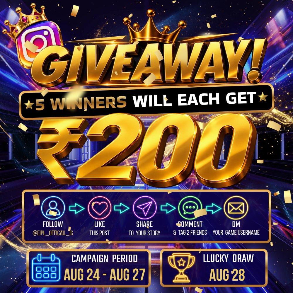 eIPL_channel's tweet photo. 🎁 eIPL IG GIVEAWAY — 5 WINNERS! 🎁

FOLLOW. LIKE. SHARE. WIN. 🔥

💰 ₹1,000 TOTAL BONUS
🏆 ₹200 × 5 WINNERS
📅 Campaign: Aug 24 – Aug 27
🎉 Lucky Draw: Aug 28

🔥 HOW TO JOIN
1️⃣ Follow our Instagram page
❤️ Like this giveaway post
📲 Share this post to your Instagram Story
💬 Comment & Tag 2 Friends
📩 DM us your eIPL Game Username / ID

⚠️ Your eIPL Game Username / ID must be sent via DM when participating to qualify for the giveaway.

🎁 BONUS TERMS
🏆 5 winners will each receive ₹200
🎮 The ₹200 bonus can only be credited and used in your eIPL account.
🔄 All bonuses require 3× Turnover before withdrawal.
⚠️ Winners will be verified to ensure all participation requirements are completed. Entries that do not meet the requirements will not qualify and may be re-drawn.

🔥 5 Winners. ₹200 Each. Good Luck!

📲 Instagram:
 https://t.co/yGR4accpu5

#eIPL #eIPLGiveaway #Giveaway #LuckyDraw #WinBonus #InstagramGiveaway #FollowToWin #IndiaGiveaway