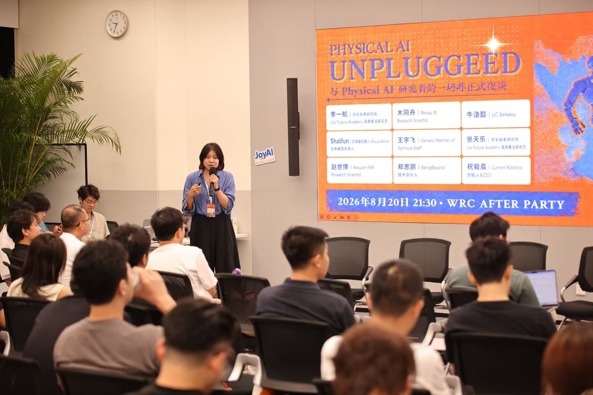 aurorafeng_01's tweet photo. 🤖 On 8/20 at WRC Beijing, @saturdayrobotic partnered with EAI Time for our first event in China (and second event in Asia!). We invited 8 researchers and builders to experiment something different from our usual reading club: a live technical debate.

1. If you had $100M for embodied pre-training data, how would you spend it?
One proposal: 50% ego-centric data, 30% intermediate action data, 20% real-robot data. Another: go as far as 99:1, spending $99M collecting and annotating high-quality ego data and only $1M on edited data. First, human video is not tied to a particular robot embodiment. As hardware iterates, robot-specific data can depreciate, but same raw human video actually becomes more valuable. Second, there is a distribution problem with teleop. A teleoperator tends to repeat a small number of successful trajectories. Collecting another 10,000 repetitions doesn’t necessarily give pre-training the diversity it needs.

But there were strong arguments against spending $100M this way. One position favored pure action data: stronger action supervision may cost more to collect, but can reduce the GPU compute needed downstream. Another argued for starting with proprietary real-robot data in a vertical, accumulating actual deployment know-how first, and only scaling ego once collection costs fall. And one answer rejected the premise entirely: $100M isn’t enough to properly pre-train a foundation model anyway.

2. Does WAM actually have a higher ceiling than VLA?
Most agree that WAM does have a higher ceiling than VLA. It's because the learning paradigm is different: robotics doesn’t have enough high-quality labeled action data, so moving from VLA toward WAM resembles the broader shift from supervised → self-supervised learning. If WAM can learn from vastly more unlabeled video, its scalable data ceiling is much higher.
 
A counterargument is that given infinite high-quality data, WAM and VLA may have the same theoretical ceiling. WAM’s advantage today may simply be that its floor is higher under the data regime we actually have, particularly OOD.

A third position challenged the WAM/VLA distinction itself. The more fundamental question is how much high-order physical information a model can extract from data (geometry, dynamics, contact, state transitions, etc.) rather than what architectural label we put on it.

3. How should we evaluate embodied models without making iteration prohibitively expensive?
One proposal was that world-model/simulation-based evaluation could cover ~90% of generalization testing, with hardware reserved for final verification and high-precision tasks. 
The interesting argument was that a simulator doesn’t necessarily need to reproduce reality perfectly to be useful. For development, what matters first is correlation.

But the boundary was clear: for high-precision manipulation, real-robot evaluation remains the only reliable final standard.