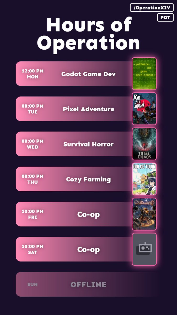 XIVYTV's tweet photo. Variety week! Scheduled updated with some new games. #operationxiv #twitch https://t.co/SO8q4uVTXp