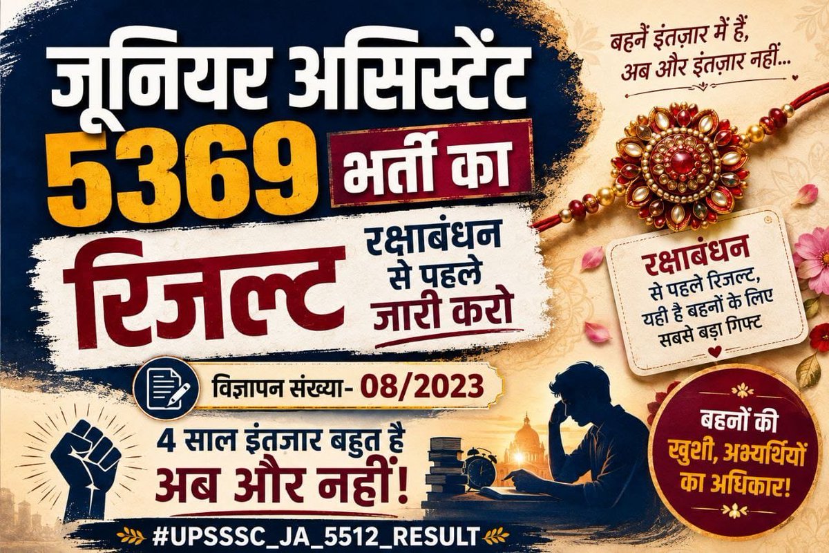 pankaj_ver19257's tweet photo. #UPSSSC_JA_5512_RESULT
UPSSSC की जूनियर असिस्टेंट 5512 भर्ती वर्षों से लंबित है। रक्षाबंधन से पहले अंतिम परिणाम जारी करने की कृपा करें https://t.co/qXZU4cA5m1