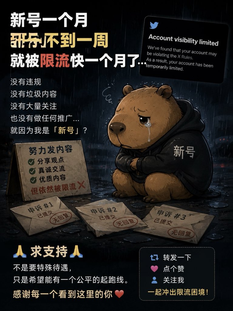 KaBiBarach's tweet photo. 踏入推特的第35天。

建号真正使用不到一周，
就被打上「临时标签」限流了。

这一限，
已经快一个月了……

我没违规，
没刷屏，
也没做什么奇怪的事情。

卡皮巴拉就想问一句：

新号真的就不配被看见吗？🥹

如果你刷到了这条，
能不能帮我点个赞、转一下。

让我看看，
这只被困住的卡皮巴拉，
还能不能走出去。🙏
有朋友有类似遭遇吗？应该如何解除呢？