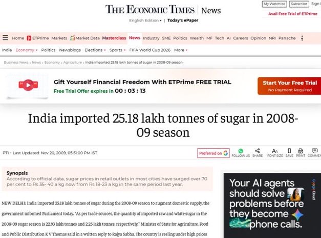 VairagiUvaaCH's tweet photo. Another day, another fake outrage by @ajeetbharti Gang.

Yes, sugar was imported in 2009 and in 2015 also.

India does this every time there is El Nino, just like now.

But who will tell the paid Chhapari’s. By the Ethanol was very minimal that time.
#GemsOfAjeetBharti https://t.co/4tCuaX8P0D
