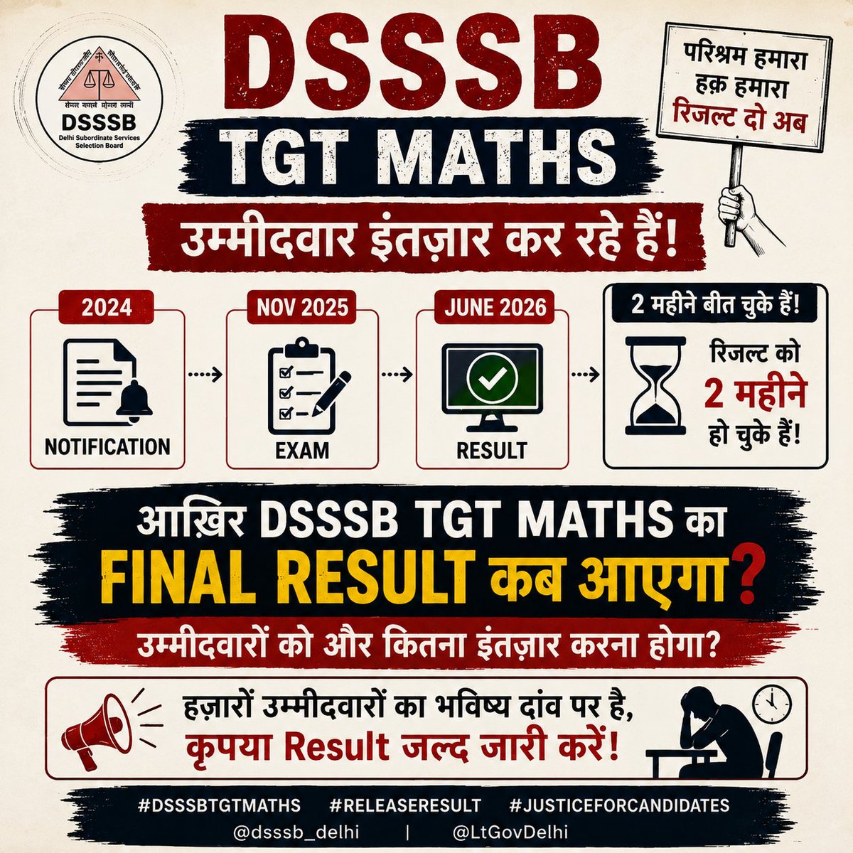 myselfrkant's tweet photo. Notification in 2024. Yet, 2 year later, DSSSB TGT Maths candidates are still waiting for the final result.
Thousands of aspirants have been waiting patiently. Please release the final result and end this uncertainty.
@dsssbofficial @gupta_rekha @LtGovDelhi @CMODelhi https://t.co/dRaSNH8RI9