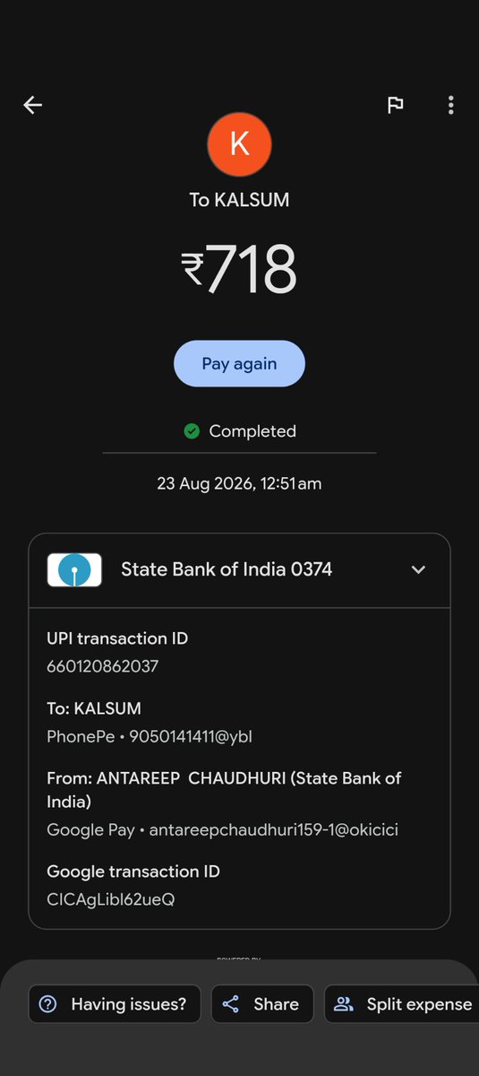 antareep159's tweet photo. @Uber_India @Uber It was almost 1:00 AM, and I was travelling with my family. With the driver's app not loading properly and him demanding extra, it was impossible to resolve there.
To avoid escalation late at night, I paid ₹718 directly via UPI (GPay), overpaying by ₹62. https://t.co/P834wjz5DZ