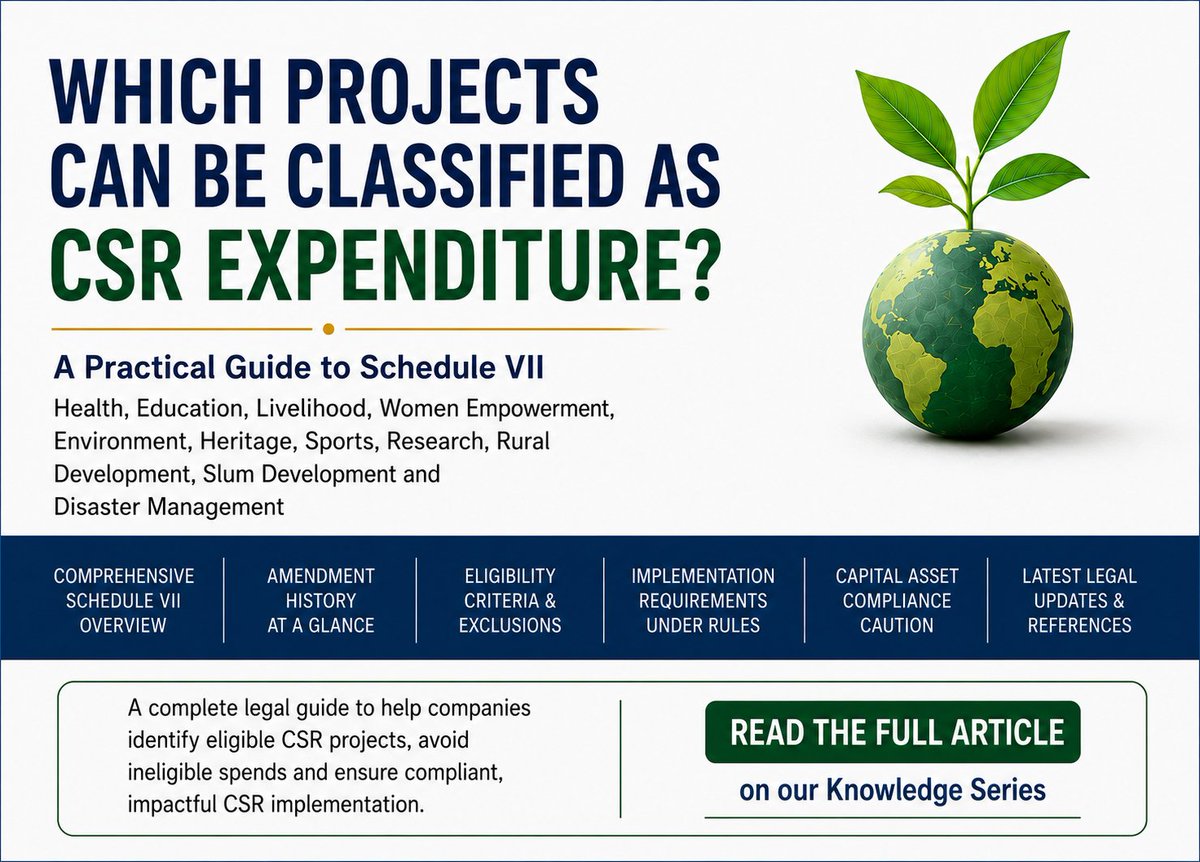 ss__partners's tweet photo. Not every social initiative qualifies as CSR expenditure.

Our latest guide explains:

13 Schedule VII categories

6 CSR exclusions

MCA's latest guidance

2026 Social Stock Exchange update

Read more: https://t.co/EPC9cTZEX6

#CSR #CompaniesAct2013 #Compliance https://t.co/NJUqrXSlLn