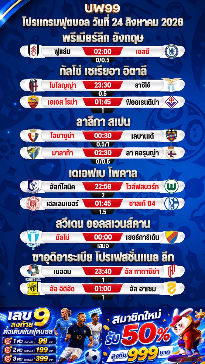 JaowhaleB's tweet photo. ⚽️ ���ปรแกรมบอลคืนนี้มาแล้ว ⚽️

💰แทงเริ่มต้นแค่หลักสิบ
☁️เคลียร์บิลไว
💸 ฝาก-ถอน รวดเร็วทันใจ
⭐️ค่าน้ำดีที่สุดในเอเชีย

วันที่  24 สิงหาคม 2569
📺ดูบอลสด https://t.co/LHKZyYA2K9

 #บอลสด #PL #บ้านผลบอล https://t.co/N8fwzI4MfW