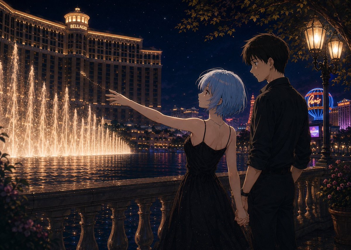 ReiShinTogether's tweet photo. There’s an old belief: toss a coin into a fountain, make a wish, and someday it will come true. ✨

Rei and Shinji made their wish together beneath the lights of Bellagio.

What do you think they wished for?

And what dream would you wish to come true? https://t.co/rob9hdAksl