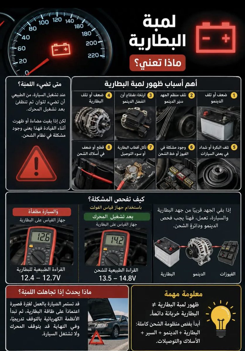 technician_cars's tweet photo. 📌للفائدة 
⚠️ ظهور لمبة البطارية أثناء القيادة لا يعني دائمًا أن البطارية تالفة.

قد يكون السبب من الدينمو او سير الدينمو او الأسلاك و التوصيلات.

إذا استمرت اللمبة بالظهور، لا تؤجل الفحص؛ لأن السيارة قد تعتمد على شحنة البطارية لفترة قصيرة ثم تتوقف.

🔧 افحص نظام الشحن قبل تغيير البطارية.
فضلها ❤️ إذا مشغول و شارك 🔄 غيرك للفائدة 

#عمر_الرفاعي