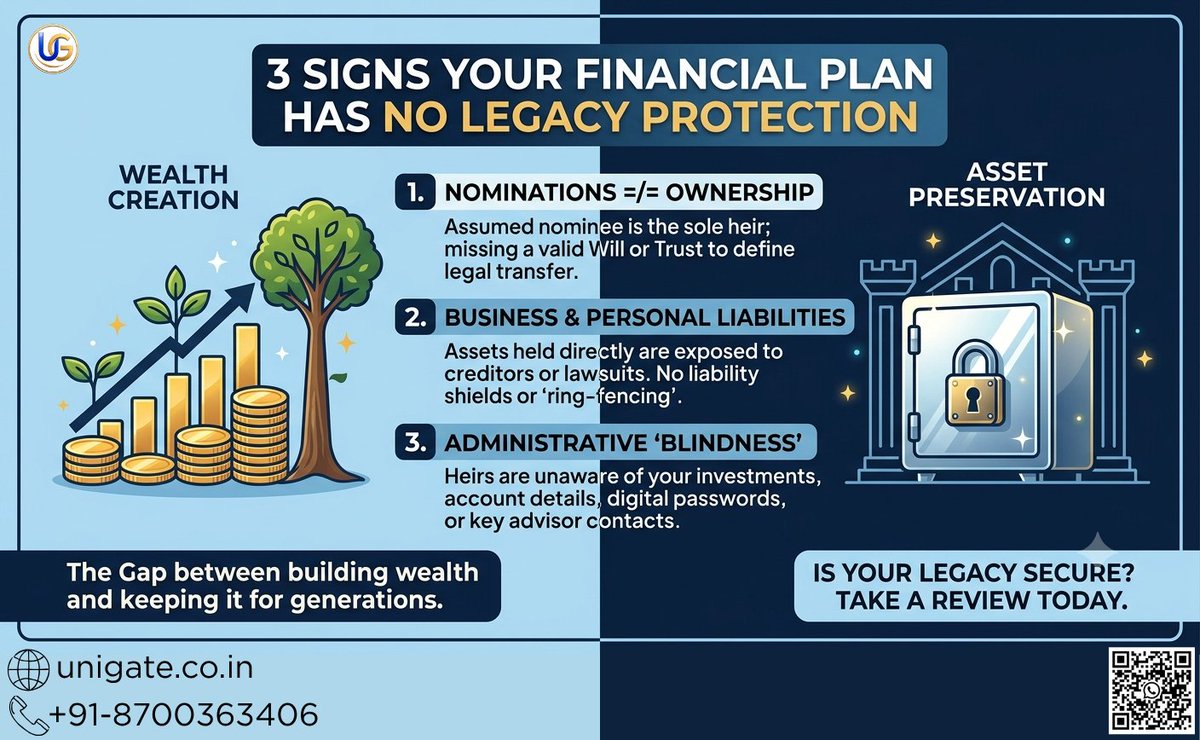 UnigateF's tweet photo. Don’t let these 3 common mistakes ruin your legacy:
1️⃣ Confusing nominees with legal heirs
2️⃣ Exposing assets to liabilities
3️⃣ Leaving heirs "blind" to your portfolio
Stay tuned with UNIGATE for more update: 
📞+91-8700363406
🌐 https://t.co/vBHJWZC2ye 
💬https://t.co/0NqaGOIpOf https://t.co/waxBP1O5gu