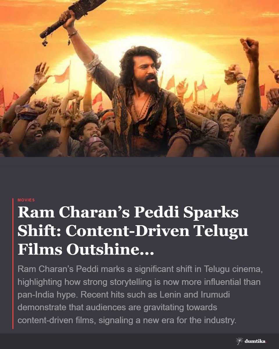DumtikaMedia's tweet photo. Ram Charan’s Peddi is changing the game! Telugu films with strong stories like Peddi, Lenin, and Irumudi are proving content beats pan-India hype every time. Are you team story or spectacle? 🎬🔥 #TeluguCinema #ContentIsKing #FilmTrends https://t.co/TMRttuxiSr