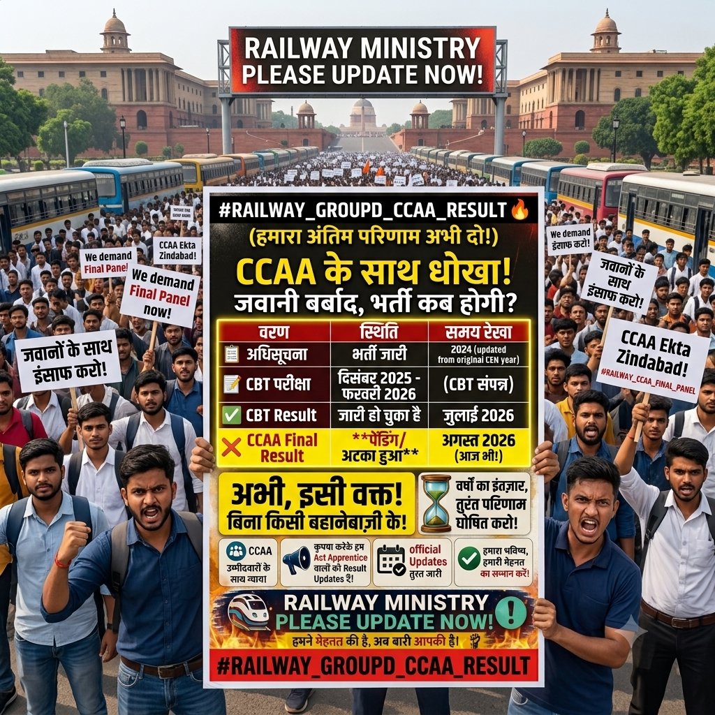Abhiboss610's tweet photo. उम्र बीत रही है और घर की उम्मीदें टूट रही हैं! CBT रिजल्ट आ गया, तो CCAA वालों का Final Panel क्यों अटका है? क्या 5 साल में भर्ती पूरी होगी?

हमारी मेहनत का सम्मान करो और CCAA का परिणाम अभी दो! 🚨

#RAILWAY_GROUPD_CCAA_RESULT
@AshwiniVaishnaw @RailMinIndia @RailwaySeva https://t.co/GcD0bSMmU7