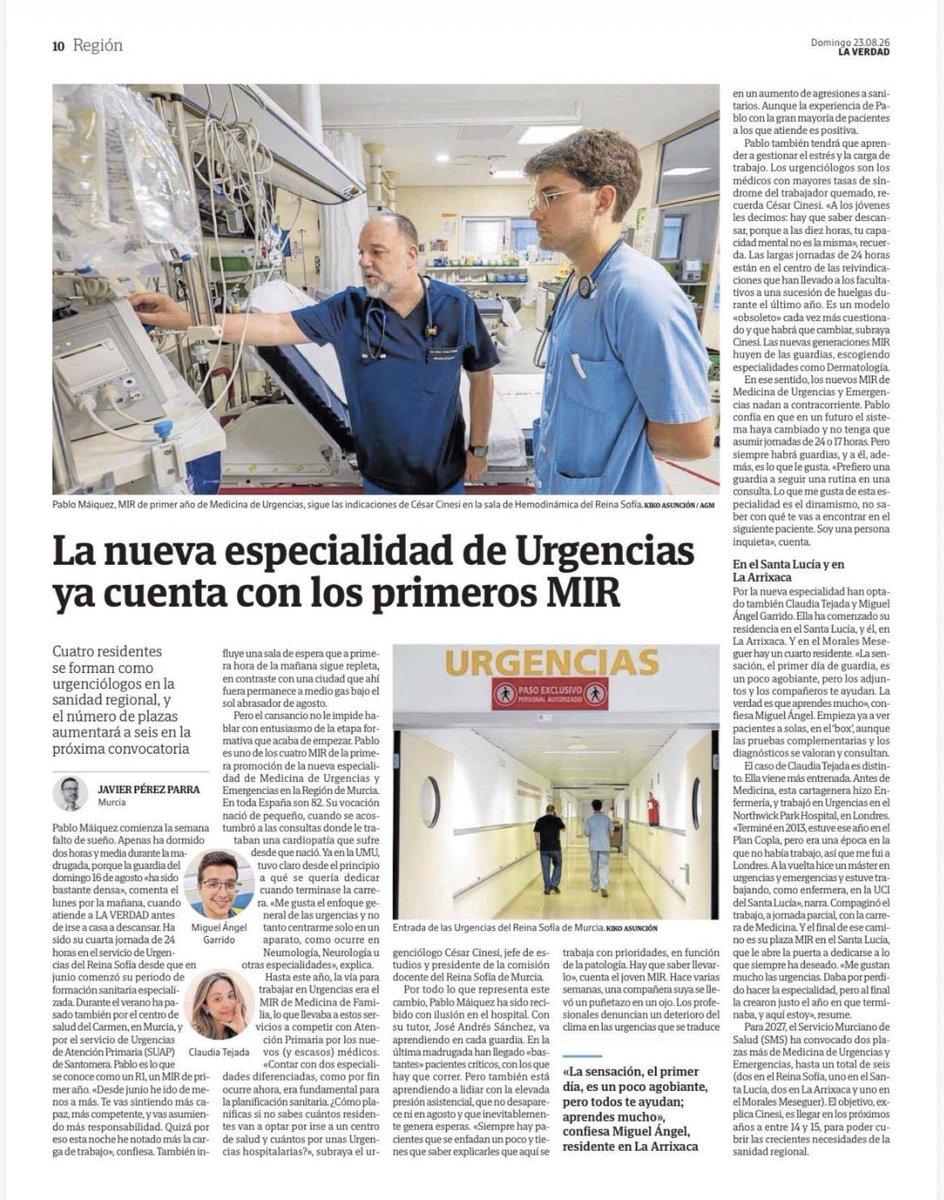 Murciasalud's tweet photo. 🚨 El SMS ampliará el año que viene las plazas MIR de la nueva especialidad de Urgencias y Emergencias para dar respuesta a la demanda.

🩺 Los 4 primeros MIR urgenciólogos ya se forman en nuestros hospitales públicos, y a ellos se sumarán 6 más el año que viene. 

🧑🏽‍⚕️Invertimos en futuro e invertimos en profesionales que son la base de nuestro sistema sanitario público.