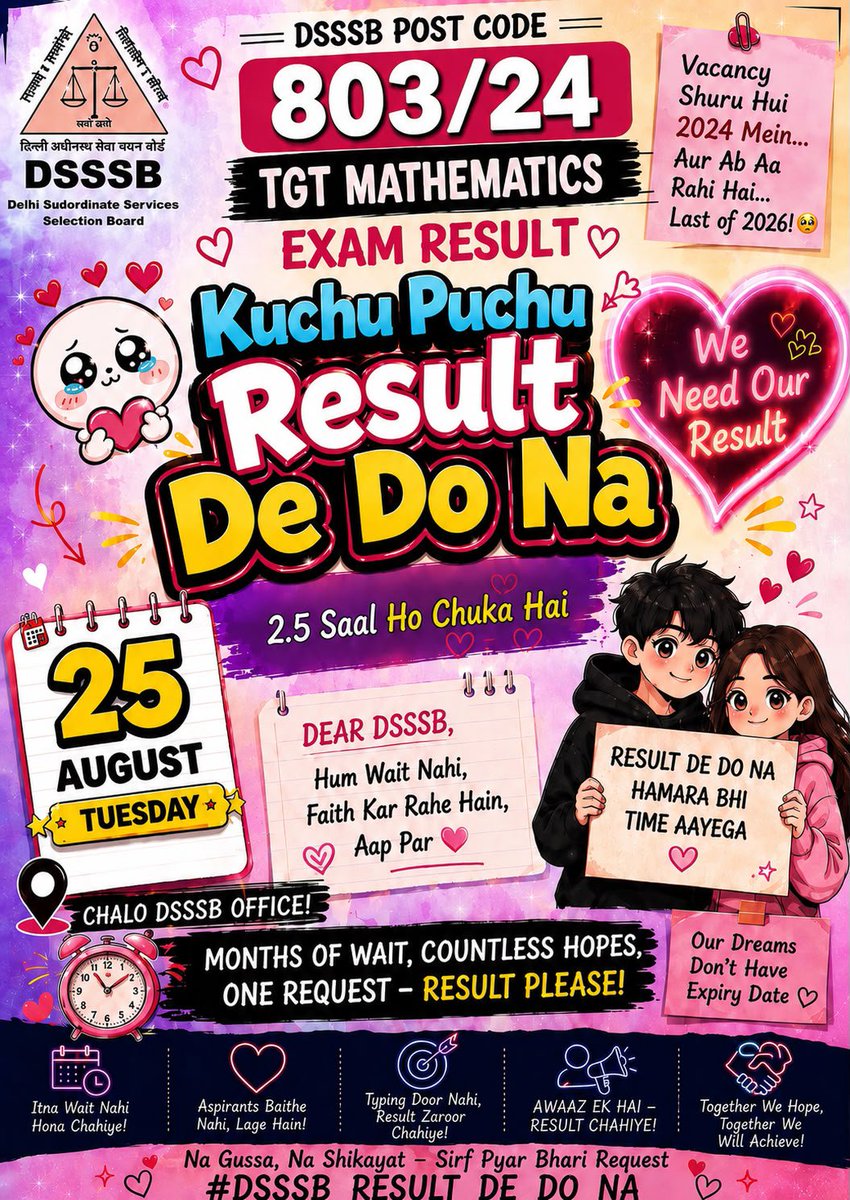 siyaram_siya's tweet photo. @dsssb_delhi The final result of Post Code 803/24 is still awaited. Candidates have been waiting for a long time with uncertainty about their careers.
We request DSSSB to kindly declare the final result at the earliest and provide clarity to all candidates.
 #TGTMathsFinalResult https://t.co/H7wE3HpPAY