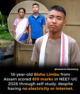 DaisyDaika's tweet photo. No electricity. No internet. Just determination. 
Assam’s 18-year-old Bishu Limbu reportedly scored 610/720 in NEET-UG 2026 through self-study, securing AIR 7,320. Limited resources couldn’t limit his dream. #BishuLimbu #NEETUG2026 #Assam #Tinsukia #InspiringIndia #StudentSuccess https://t.co/ZVKmzV0g9q
