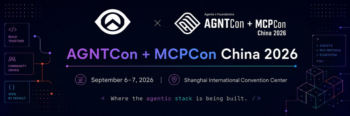 SeeGrowthOrg's tweet photo. 🚀 SeeGrowth Community Invite

Join us at AGNTCon + MCPCon China 2026 in Shanghai — for builders working on MCP, AI Agents & the agentic ecosystem.

📅 Sep 6–7
🎫 Free for the SeeGrowth community
Attendee: AGNTCH26ATTEND
Academic: AGNTCH26ACA100

Event: https://t.co/bCU7ubjvLH
Register: https://t.co/tRa1V1EbGC