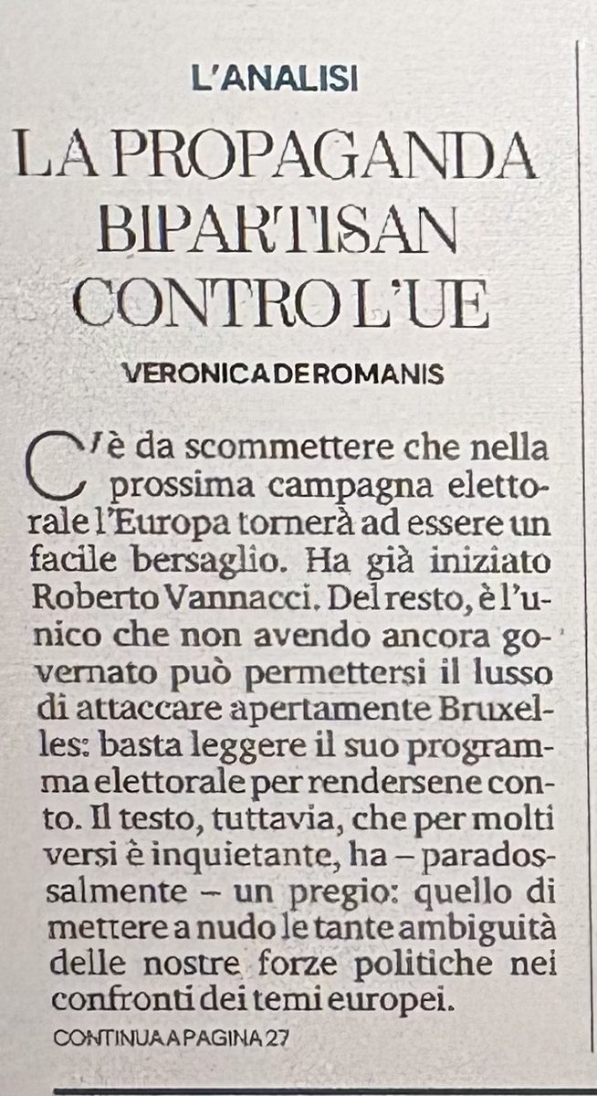 VeroDeRomanis's tweet photo. Mio art @LaStampa 
Europa bersaglio perfetto. Ora è il turno di Vannacci. I suoi  attacchi, però, solo gli stessi delle altre forze politiche
1) destra contro euro: eppure e’ un successo e ci dà sovranità 
2) sinistra contro le regole di bilancio : eppure proteggono i più deboli https://t.co/vlD0ZGXctM