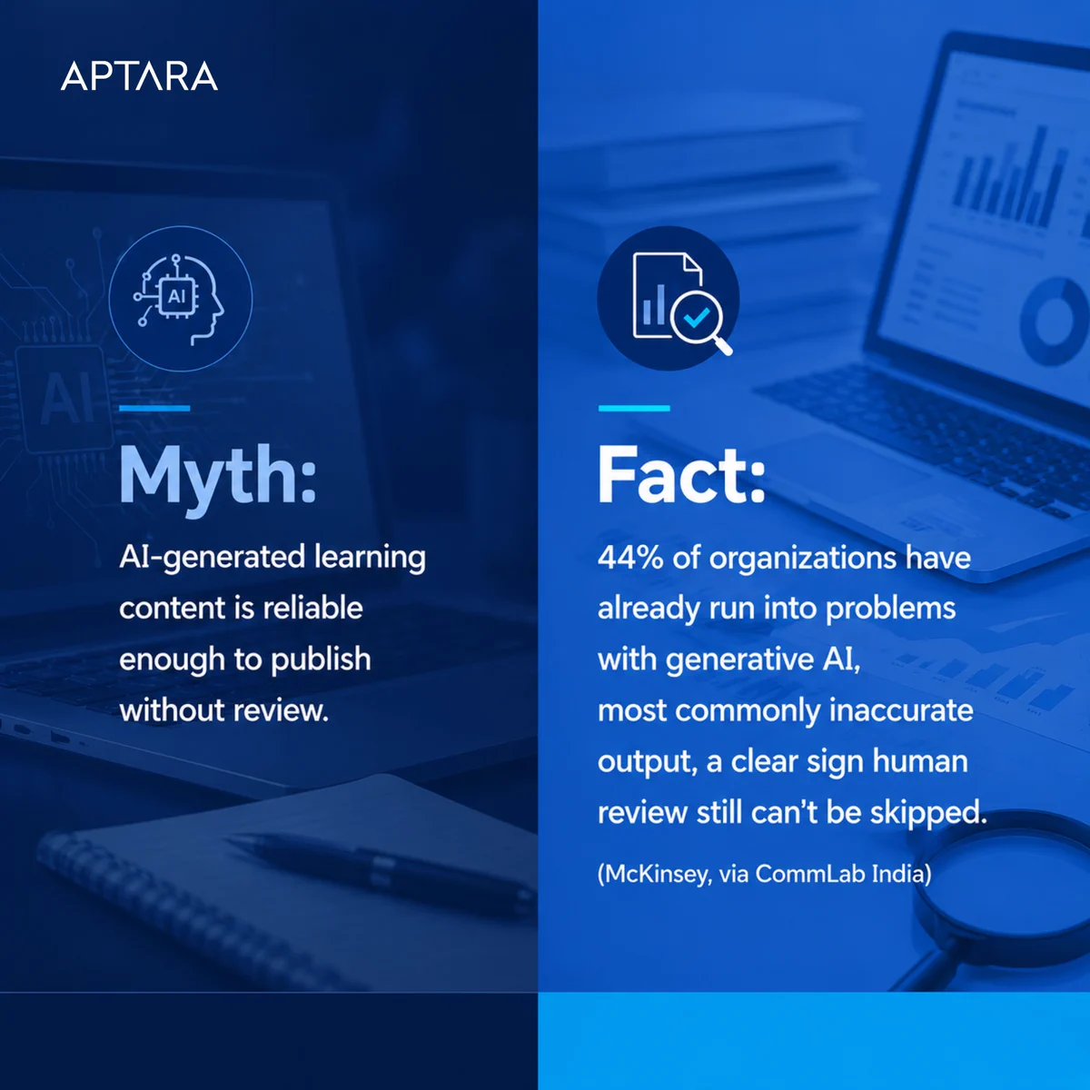 Aptara Myth vs. Fact graphic highlighting the need for human review of AI-generated learning content, citing a McKinsey finding that 44% of organizations have experienced generative AI issues, most commonly inaccurate output.