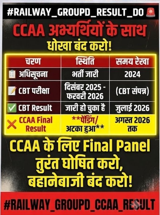 zx__imran's tweet photo. 2024 ➡️ भर्ती नोटिफिकेशन
2026 ➡️ CCAA छात्र आज भी सड़क/ट्विटर पर!

5 साल में एक भर्ती पूरी होगी क्या? CCAA अभ्यर्थियों का Final Result और Panel तुरंत जारी करो! अब इंतज़ार नहीं होगा! 🔥

#RAILWAY_GROUPD_CCAA_RESULT
#RAILWAY_FINAL_PANEL_DO
@AshwiniVaishnaw @PMOIndia @RailMinIndia https://t.co/Jr56usQe18