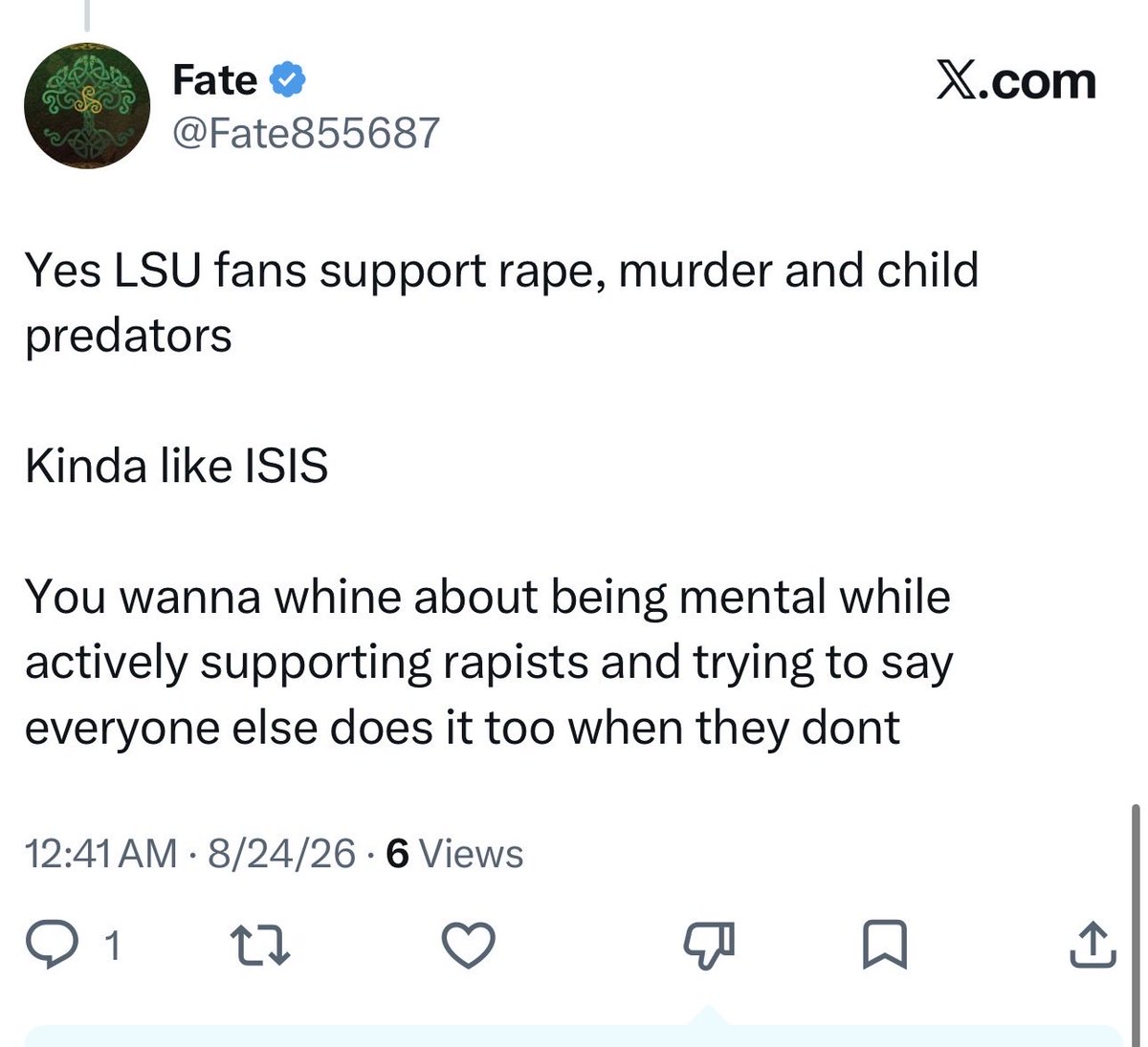 MakeitgreenMike's tweet photo. @tcgoldrush @damienwoody This is the best response I've seen thus far.  Ole miss fan literally comparing LSU fans to ISIS, wtf? https://t.co/J9GnhpDPGf