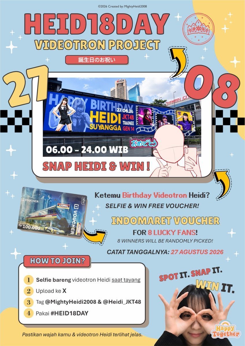 mightyheidi2008's tweet photo. SPOT HEIDI. SNAP IT. WIN IT!

Ketemu Ce Heidi @Heidi_JKT48  di videotron?
Jangan cuma diliatin… SELFIE DONG! 

Selfie bareng Birthday Videotron Ce Heidi, upload momennya, dan kamu berkesempatan mendapatkan:

FREE INDOMARET VOUCHER sebesar 100k rupiah, untuk 8 orang beruntung! 😳

HOW TO JOIN?
📸 Selfie dengan videotron Ce Heidi saat sedang tayang

📲 Upload ke Instagram Story / X

🏷️ Tag @MightyHeidi2008 dan @Heidi_JKT48 

⭐ Gunakan hashtag #HEID18DAY

Nantinya, 8 orang akan dipilih secara acak dari seluruh peserta yang memenuhi ketentuan.

Jadi kalau tiba-tiba ketemu Ce Heidi segede videotron…

JANGAN PANIK.
KELUARKAN HP.
SELFIE. 🤳🏻

Good luck! ⭐
Every Star Leads to Heidi.

Pastikan wajah kamu dan Birthday Videotron Ce Heidi terlihat jelas dalam foto. 
Satu orang hanya berhak memenangkan satu voucher.

Lokasi Videotron di dekat pintu masuk MRT Dukuh Atas, disamping Difabis Coffee.

Alamatnya :

📍Jl. Kendal, RT.2/RW.6, Dukuh Atas, Menteng, Kota Jakarta Pusat.

Buat yang belum tahu posisi pastinya, bisa dilihat di video ya.

Ayo, Heidi-Sapoota. Siapa tahu Heidi-Sapoota yang dapat GA nya.

Arigatou 🙏