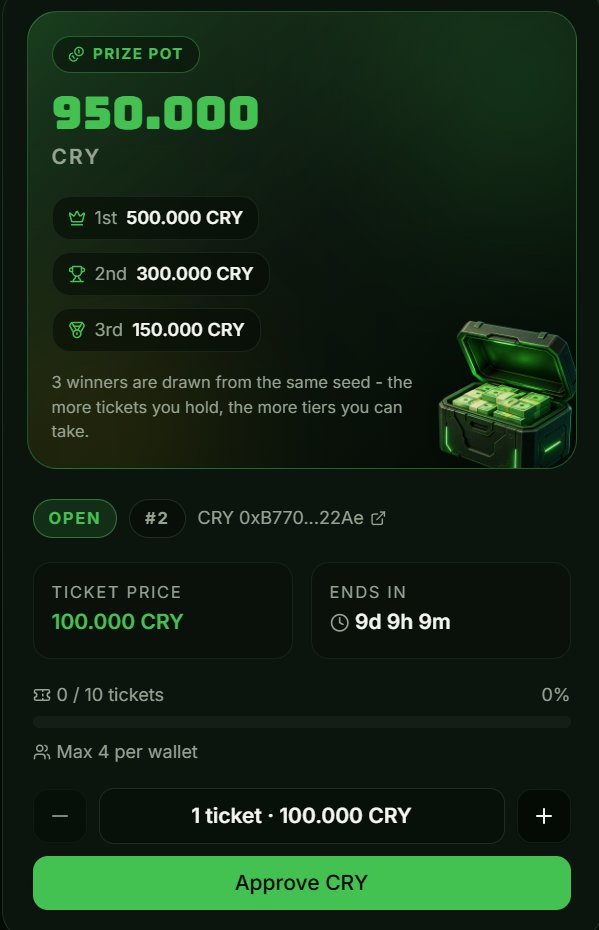 CrazzzyMonsters's tweet photo. 🚨 TOKEN POT RAFFLES ARE LIVE! 💰🎟️

Grab tickets with crypto-com-chain:native , $CRY and more tokens coming soon.

Win the pot and some raffles will have MULTIPLE winners! 🏆

Example:
💰 1M $CRY prize pool
🥇 500K
🥈 300K
🥉 150K
🎟️ 100K $CRY per ticket
🔥 Only 10 tickets

Try your luck 👇

https://t.co/nio3kffAmG

#Crofam