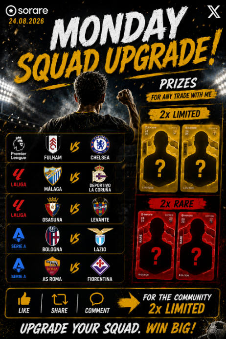 PawelTrader_'s tweet photo. 🚀 MONDAY SQUAD UPGRADE! 🚀

New week. New trades. New chances to upgrade your squad. 👀

🎁 Make any trade with me on Sorare and Win:
🟨 2x LIMITED
🟥 2x RARE
Every trade counts. Simple as that. 🔥

🔝 FOR THE COMMUNITY:
LIKE ❤️ + SHARE 🔁 + COMMENT 💬
= 2x LIMITED up for grabs! 🟨🟨

Let’s make some noise and show the power of the Sorare community. ⚡

Who’s ready for a squad upgrade? 👀
LIKE. SHARE. COMMENT. TRADE. WIN. 🏆
#Sorare #SorareCommunity #SorareGiveaway #MondaySquadUpgrade