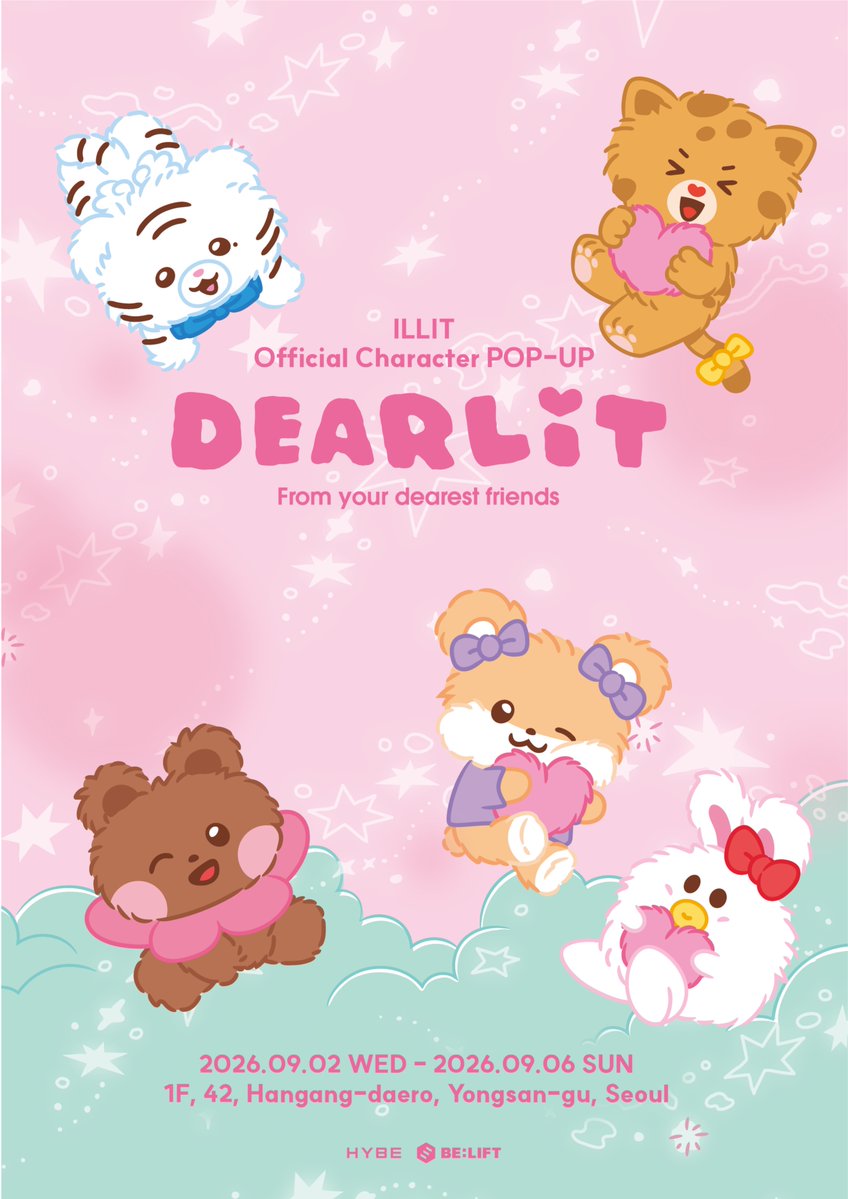 HYBE_MERCH's tweet photo. ILLIT Official Character <DEARLIT> POP-UP

📆 2026. 09. 02 - 2026. 09. 06 
📍 서울 용산구 한강대로 42, 1F

#ILLIT #아일릿
#DEARLIT #디어릿 https://t.co/X9hJYAZZDn