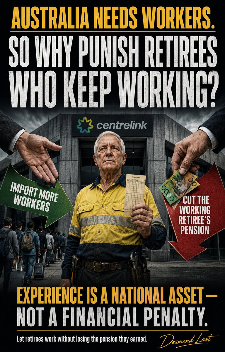 DesmondLast's tweet photo. Why is Australia Importing more workers while financially discouraging Australian retirees from working. https://t.co/GhRyhnbylZ