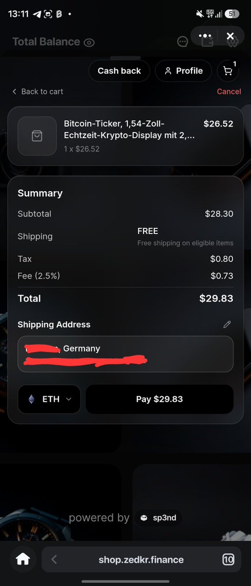 Maarc269's tweet photo. Just placed my first order through the ZEDKR Shop 👀🔥

Paid directly with $ETH, whole process was smooth as hell.

Crypto → real product → shipping to my door + $ZED cashback.

This is the kind of real world utility I want to see on Robinhood Chain.

@SP3NDdotshop @ZedkrPay https://t.co/THh3dpIg9h
