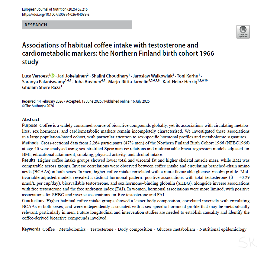 hyderabaddoctor's tweet photo. Does drinking more coffee directly boost your testosterone and melt visceral fat?

▶️A 2026 European Journal of Nutrition study of 2,200+ adults linked habitual coffee intake to higher total testosterone, lower body fat, and reduced insulin resistance markers.

🔸Great news, but we must look deeper into the physiology before calling coffee a "hormone booster."
1/4