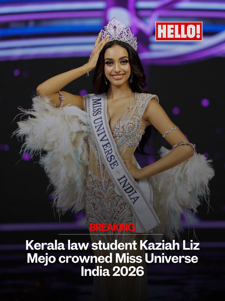 HELLOmagIndia's tweet photo. #JustIn: Kerala’s 19-year-old law student #KaziahLizMejo is your new #MissUniverseIndia 2026. She beat 52 finalists in Jaipur & will now represent India at #MissUniverse in Puerto Rico this November. #HELLOIndia #HELLOMagazine #BreakingNews #MissUniverseIndia2026 @MissUniverse https://t.co/Kjl2jxoSlR