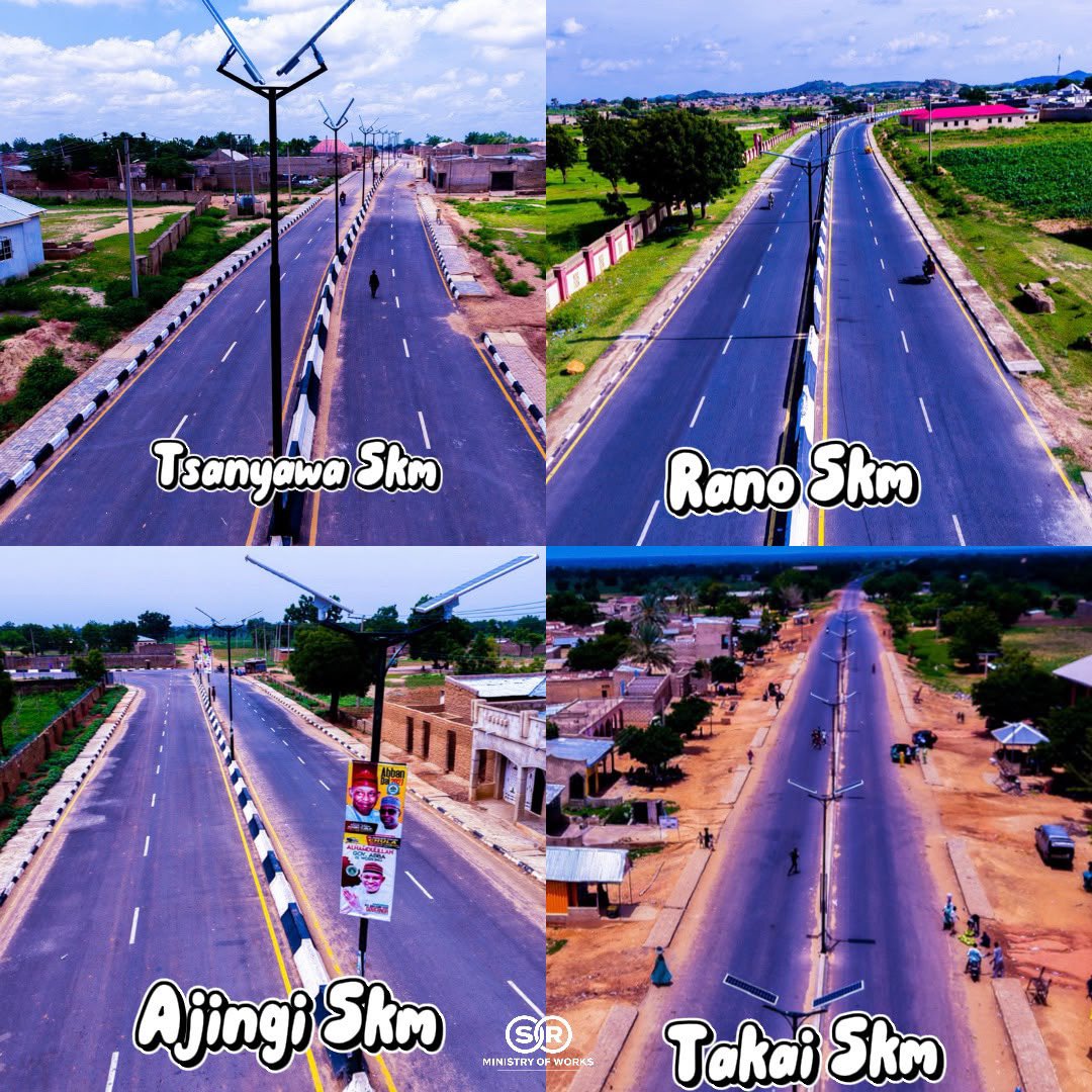 ibrahimado__'s tweet photo. Pictures of 18 Local Governments 5-kilometre dualized roads with solar-powered streetlights, completed by the administration of Gov. Abba Kabir Yusuf. 

COMPLETED 5KM ROAD PROJECTS

 1. Albasu LGA
 2. Gwarzo LGA
 3. Gezawa LGA
 4. Dawakin Tofa LGA
 5. Dawakin Kudu LGA
 6. Tofa LGA
 7. Sumaila LGA
 8. Wudil LGA
 9. Takai LGA
 10. Ajingi LGA
 11. Tsanyawa LGA
 12. Rano LGA
 13. Minjibir LGA
 14. Ungogo LGA
 15. Warawa LGA
 16. Bebeji LGA
 17. Kura LGA
 18. Rogo LGA

ONGOING PROJECTS

 1. Bunkure LGA
 2. Kibiya LGA
 3. Tudun Wada LGA
 4. Garko LGA
 5. Bagwai LGA
 6. Shanono LGA
 7. Kiru LGA
 8. Karaye LGA
 9. Gaya LGA
 10. Danbatta LGA
 11. Ghari LGA
 12. Garun Malam LGA
 13. Madobi LGA
 14. Kumbotso LGA
 15. Kabo LGA
 16. Gabasawa LGA

REVOKED PROJECTS — TO BE RE-AWARDED

 1. Doguwa LGA
 2. Makoda LGA
 3. Fagge LGA

In the pictures below are the completed 5-kilometre dualized roads with solar-powered streetlights of 18 Local Government Areas that were completed. 

Thank you, Governor Abba K. Yusuf, for continuing to deliver infrastructure across Kano State.

#AbbaIsWorking.
