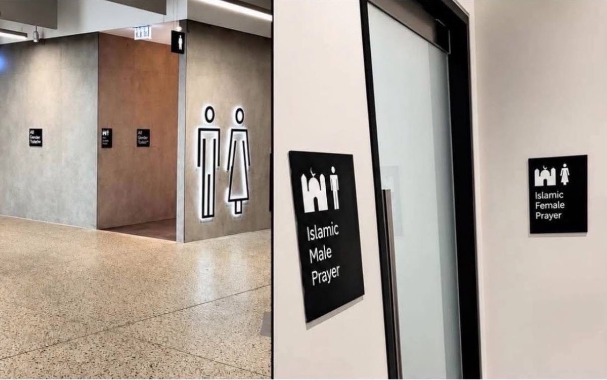 Joey1800callme's tweet photo. Melbourne Airport has Unisex bathrooms but gender segregated (male/female) Islamic prayer rooms…🙄

In the meantime, an Afghan immigrant stabbed
two women in Melbourne
last week….

But a footy player slapping
a stripper’s ass dominates the News.

The world’s gone nucking futs….🤬

DE-ISLAMISE THE WEST NOW…..