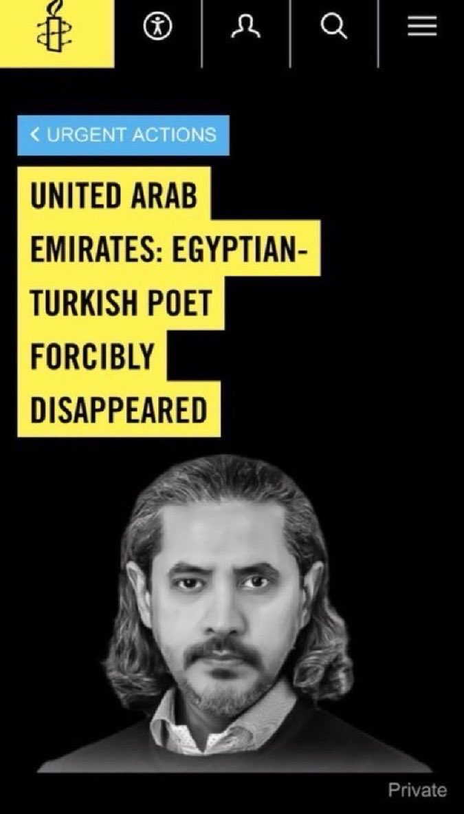 saadsobhi4466's tweet photo. 🚨 URGENT APPEAL 🚨

We urge Amnesty International to urgently act on the case of Abdulrahman Yusuf Al-Qaradawi, an Egyptian-Turkish poet.

He has been forcibly disappeared in the #UAE since Jan 8, 2025 following extradition from Lebanon for peaceful expression.
With the ongoing Gulf crisis, his whereabouts remain unknown, putting him at extreme risk.

We respectfully request an Urgent Action and call for:

🔹 Immediate confirmation of his location and safety
🔹 Guaranteed access to legal counsel and family communication
🔹 Strong international advocacy to protect him and prevent further harm

@amnesty @AmnestyMENA @AmnestyUK @AmnestyCanada @amnestyusa @aforgutu
@UNHumanRights @UN_SPExperts @UNWorkingGroup @AmnestyAR 

#الحرية_للشاعر_عبد_الرحمن_يوسف
#عبدالرحمن_يوسف_القرضاوي_فين
#where_is_abdulrahman_yusuf_alqaradawi