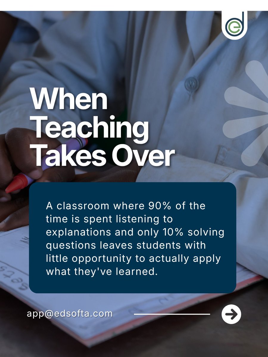 EdSoftaApp's tweet photo. You can teach for 60 minutes and still leave students unable to solve the questions.
Why?
Too much teaching. Too little practice.
Students need to solve, make mistakes, get feedback and try again.
Don't just teach it. Let them practise it.

DOWNLOAD THE EDSOFTA UTME APP. https://t.co/fmPfy9GxAQ