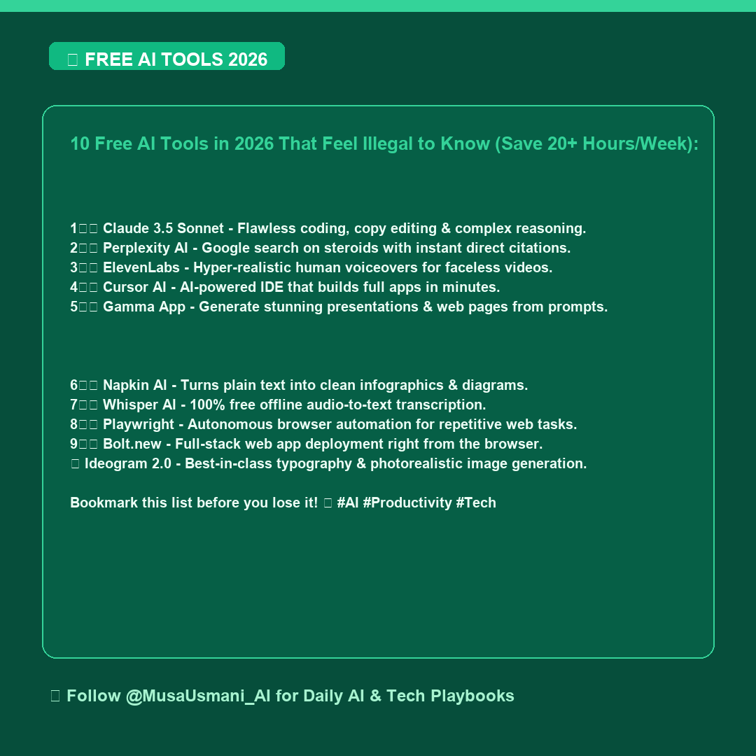 MusaUsmani_AI's tweet photo. 10 Free AI Tools in 2026 That Feel Illegal to Know (Save 20+ Hours/Week): https://t.co/2vSDllb9RU