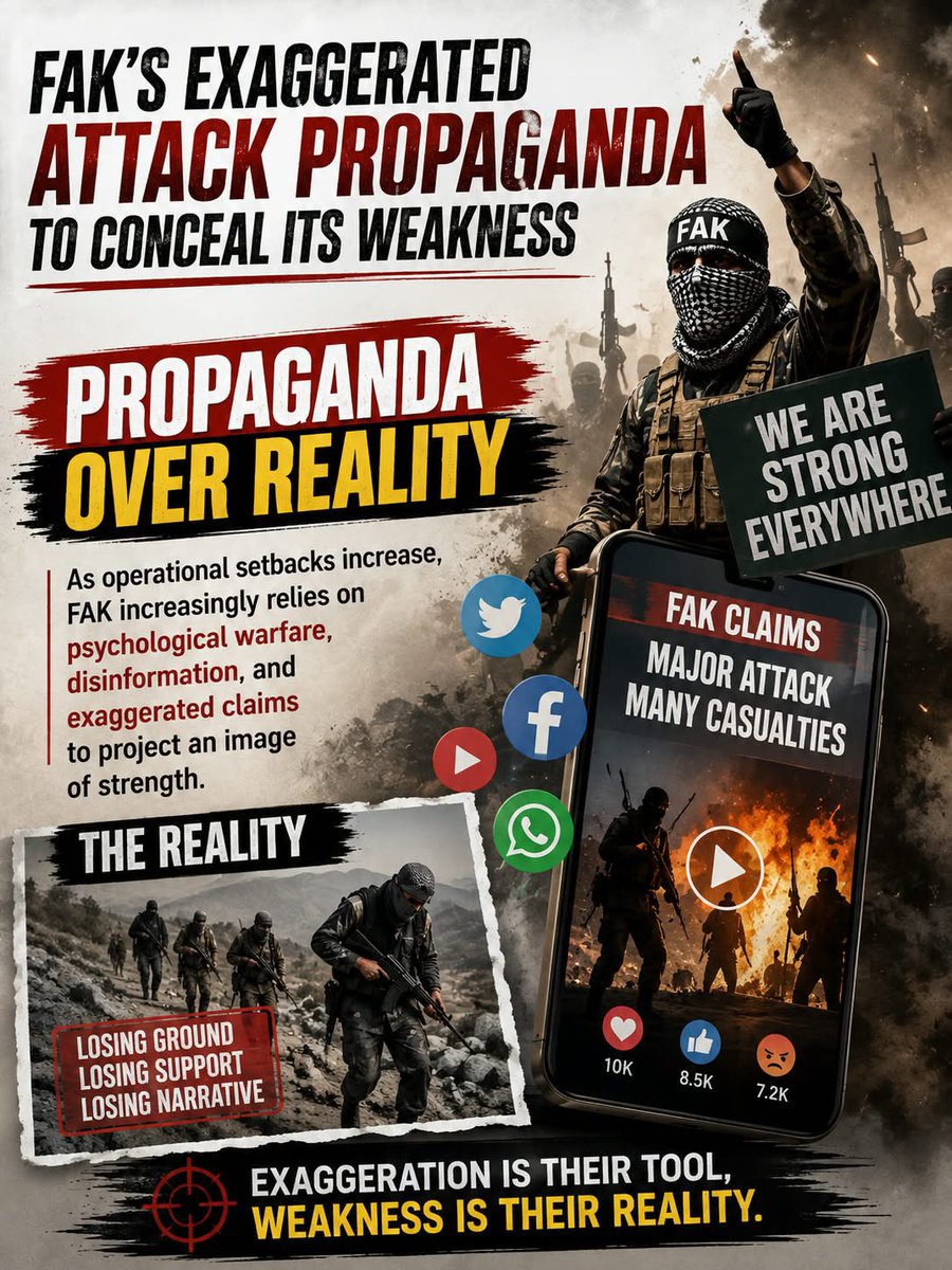 HamxaSarkar_'s tweet photo. FAK’s Exaggerated Attack Propaganda: A Strategy to Hide Weakness
FAK terrorists are facing relentless pressure from Pakistan’s security forces. Their operational space is shrinking fast, their networks are being dismantled, and many fighters are being pushed toward safe havens across the border in Afghanistan.
Unable to match the security response on the ground, FAK has shifted heavily toward psychological warfare. They now rely on disinformation, fabricated attack claims, and inflated casualty figures to create a false picture of strength and momentum.
Data shows that nearly 50% of the attacks claimed by FAK are completely fake , they never occurred. These false claims serve multiple purposes:
• Maintain relevance and project dominance among competing terrorist groups
• Inflate perceived strength so the same incident is often claimed by multiple outfits
• Spread fear among the public and undermine confidence in the security forces
• Motivate demoralized cadres and online supporters who are frustrated by continuous losses
Social-media accounts linked to hostile networks in Afghanistan and India systematically amplify these narratives, trying to portray FAK as far more capable than it actually is.
The truth is straightforward: 
growing dependence on propaganda and lies is a clear symptom of operational decline. Pakistan’s security forces remain fully prepared to sustain the fight and deny terrorists any space , real or imagined.
#FAKTerroristsLosingGround
#FAKDisinformationWarfare
#FAKPropagandaExposed
#FAKExaggeratedClaims