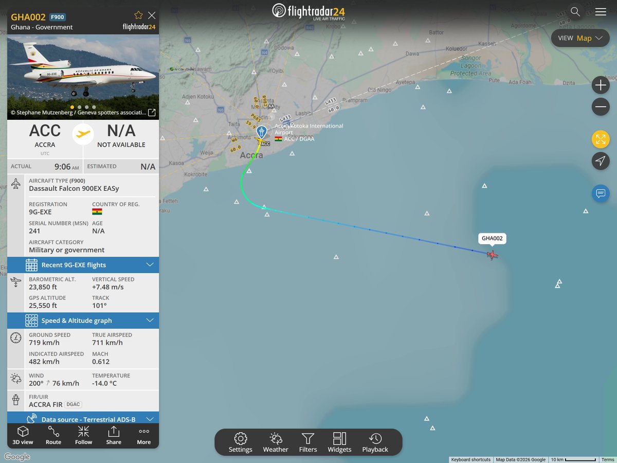 AvTrackGhana's tweet photo. Ghana Government Falcon 900EX (9G-EXE / GHA002) airborne out of Accra (ACC) setting cruise at FL390, routing southeast towards Eastern Africa.

The active VIP callsign suggests high-level leadership possibly the Vice President on an official diplomatic mission.

#GhanaAviation https://t.co/ppRct8Hq0j