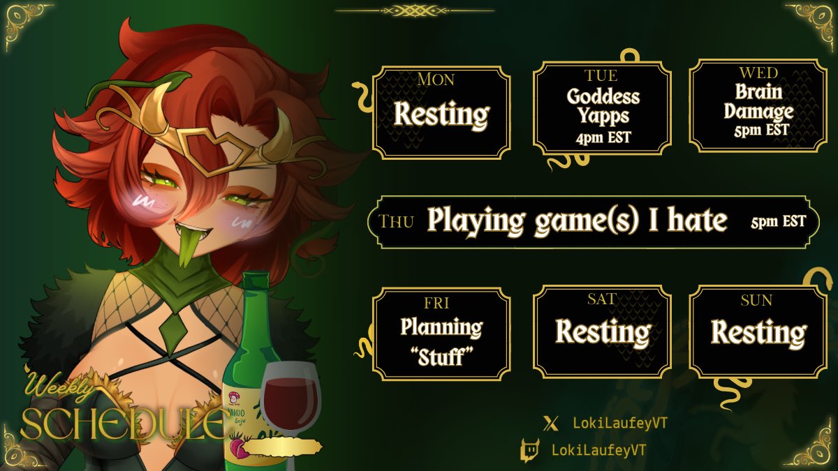 LokiLaufeyVT's tweet photo. . SCHEDULE 08/24 - 08/30 .
Totally didnโt forget to post my schedule last night~~
My goal for this week: Glorify day drinking ๐ป๐โ๏ธโจ
#LokiLive #ichewbellybuttonfuzz https://t.co/DUjEuuqQFx
