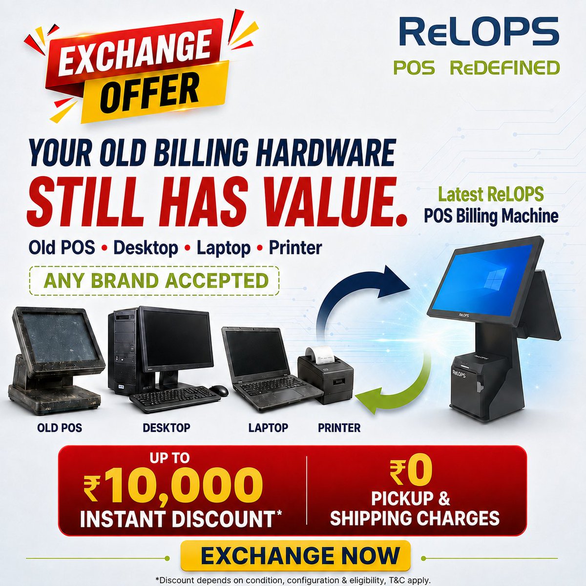 RelopsIndia's tweet photo. Your old billing hardware still has value! 🔄

Exchange your old POS, desktop, laptop, or printer-any brand accepted-and upgrade to the latest ReLOPS POS Billing Machine.

✅ Up to ₹10,000 instant discount
✅ ₹0 pickup and shipping charges
✅ Easy doorstep exchange https://t.co/nQwclh5dY5