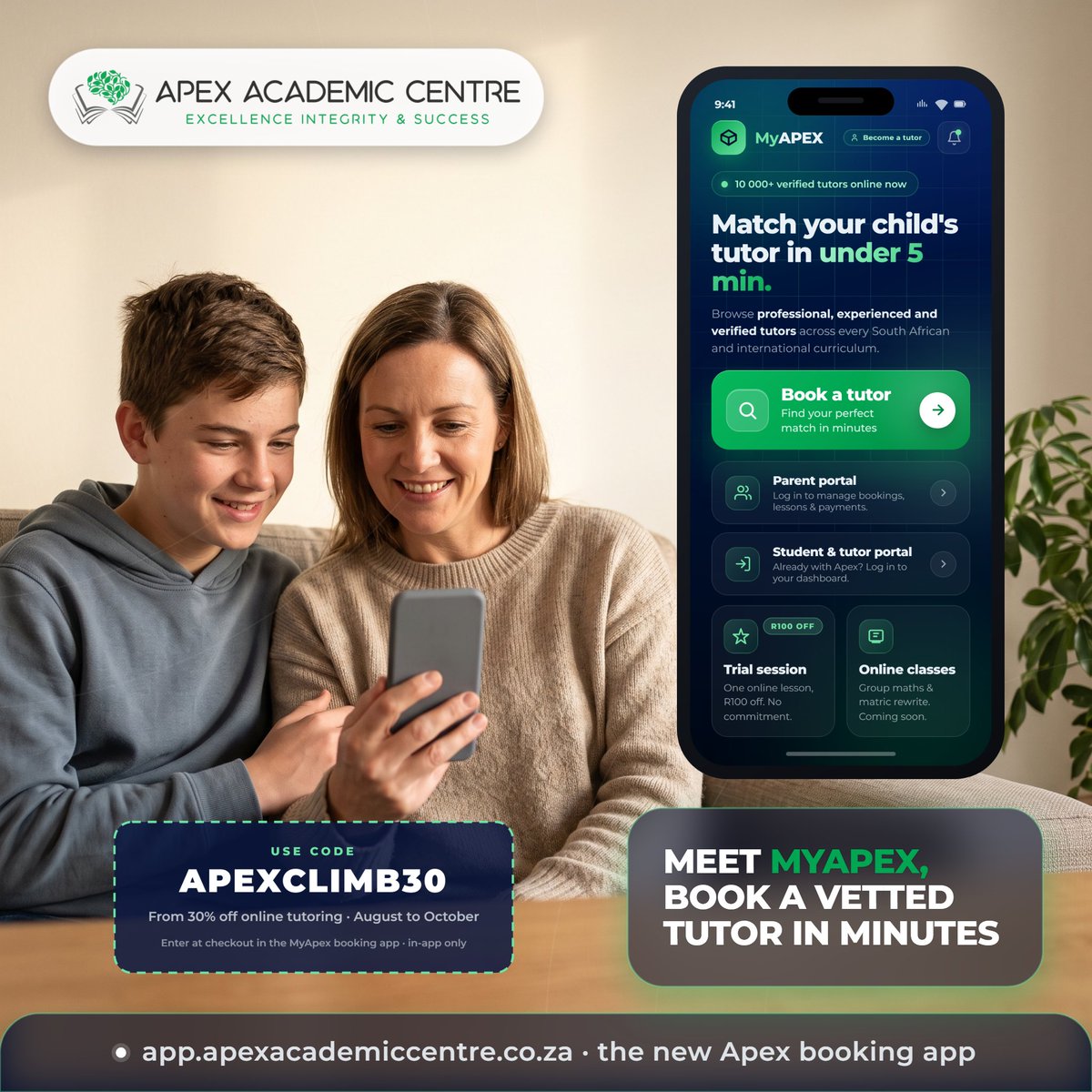 academic_centre's tweet photo. Meet MyApex, our new booking app. 

Start at https://t.co/soj5CoUodR. Until 31 October, new clients get from 30% off online tutoring with code APEXCLIMB30, applied at checkout in the app. 

Questions? WhatsApp us on 084 048 8881. https://t.co/Dzzp4qAPi6