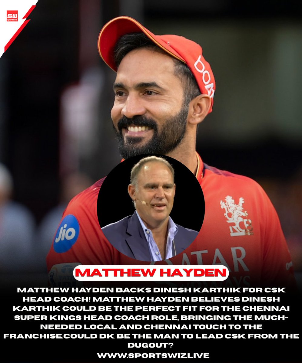 mysportswiz's tweet photo. 🔥 *MATTHEW HAYDEN BACKS DINESH KARTHIK FOR CSK HEAD COACH!* 💛🦁
Could DK be the man to lead CSK from the dugout? 👀🔥
https://t.co/7Wm3X0Tlrs
#CSK #ChennaiSuperKings #DineshKarthik #MatthewHayden #IPL #IPL2027 #Cricket #CSKFans #WhistlePodu https://t.co/QAukzbevfZ
