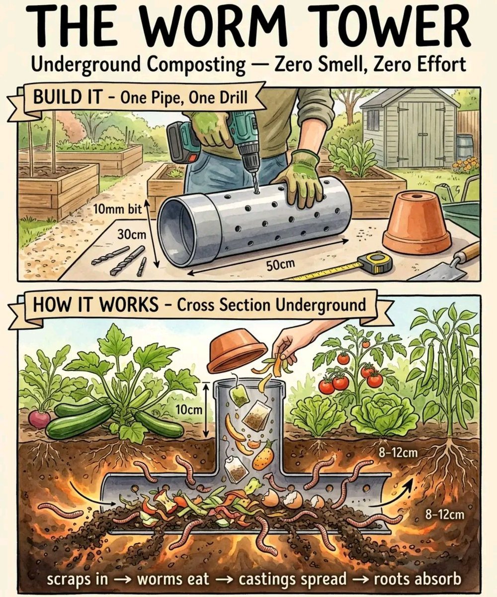 Emma_RW1's tweet photo. A Buried Pipe Feeds Your Garden Bed From the Inside — Worms Do All the Work

A worm tower is an underground compost system that delivers nutrients directly to plant roots without a compost bin, without turning, and without any smell. Kitchen scraps go in the top. Worm castings spread through the soil below. The bed feeds itself.

The idea is almost too simple to believe: bury a pipe with holes in a raised bed, drop scraps in, let worms handle everything.

🪵 What you need:
- A section of drainpipe — 30cm diameter, 50cm long
- A drill with 10mm bit
- A lid or upturned pot to keep rain out
- A garden bed to bury it in

🌿 How to build it:
- Drill holes every 5cm across the lower two-thirds of the pipe
- Dig a hole in the centre of your garden bed deep enough to bury the pipe with 10cm above soil level
- Backfill around the pipe and firm soil gently
- Add a handful of compost and a few worms from the garden to start
- Place lid on top

🐛 How to use it:
- Drop small kitchen scraps in weekly — vegetable peelings, tea bags, fruit cores, crushed eggshells
- Worms enter through the drilled holes, eat the scraps, and carry castings back into the surrounding soil
- The bed receives a slow, continuous feed of the richest fertiliser on earth
- Never needs turning. Never smells. Never attracts flies if the lid stays on

One tower feeds a 2-metre radius of garden bed. Two towers handle a full-sized raised bed. Your food waste becomes plant food without ever touching a compost heap. 🌱