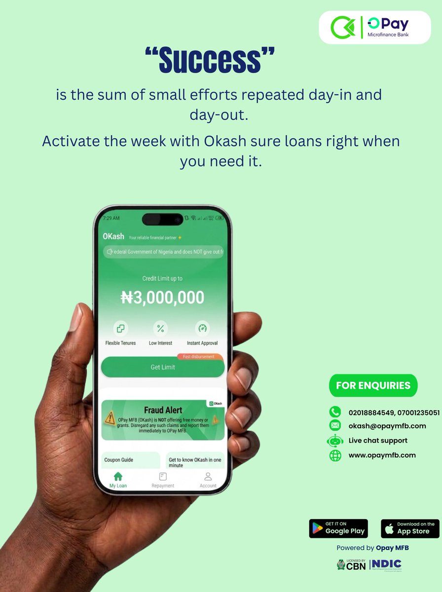 Okashnigeria's tweet photo. It's Monday Again! “Success” is the sum of small efforts repeated day-in and day-out. Activate your week with the financial support you need., Okash is here with sure loans when you need them. #Success #MondayMotivation #NewWeek #Okash #OPayMFB #FinancialSupport #SureLoans https://t.co/F6BxyhFnoj