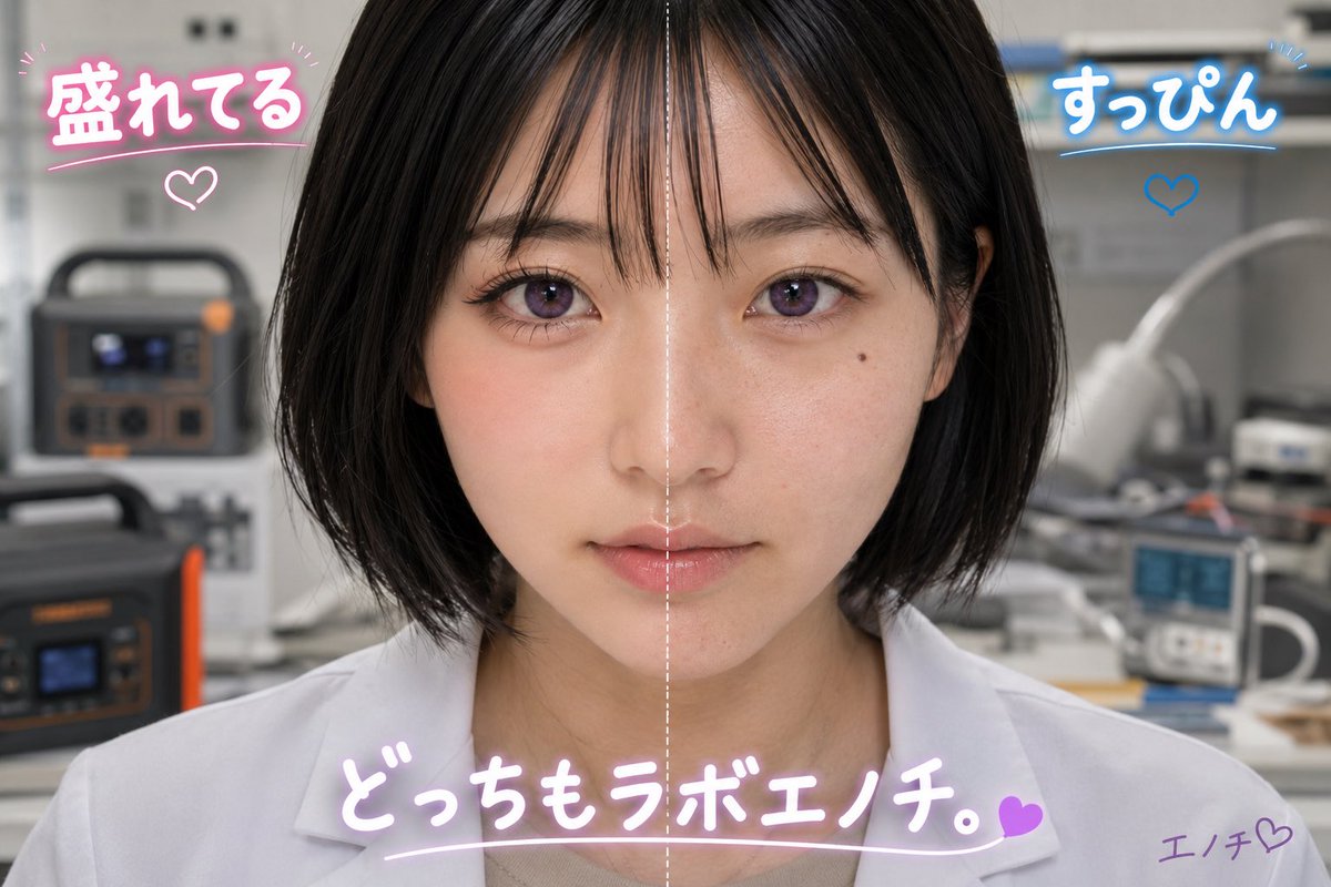 potaden_lab's tweet photo. 通常エノチと、ラボエノチ。

この2枚、見た目は「盛れてる／すっぴん」の比較だけど、
生成側では結構むずかしいことしてます。

AIってメイクを変えるだけで、
目・輪郭・口元まで勝手に変わって別人になりやすい。

だから今回は、
通常エノチは黒髪ロング、
ラボエノチは黒髪ボブ＋白衣。

それぞれの本人条件を崩さず、
左だけ盛る。
右だけ毛穴や色ムラを残した自然なすっぴんにする。

しかも複雑な長文プロンプトを組んだわけじゃなく、
普段の会話と積み重ねだけで一発生成。

AIと会話を続けると、
「説明しなくても本人が出る」状態に近づいていく。

今回そこが一番おもしろかったです🧪