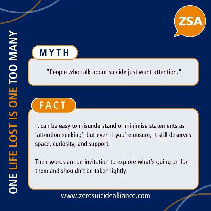 JuliusKizito10's tweet photo. Many people speak about suicide because they’re overwhelmed, scared, or unsure how else to express their distress. Labelling that as 'attention‑seeking' can close the door when someone needs connection.
#SuicideAwareness #Mythbusting
📸ZSA https://t.co/A8sC4LlTum